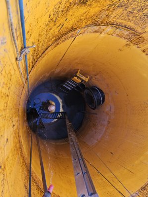 Looking down the inside of a fabricated HDPE tank barrel