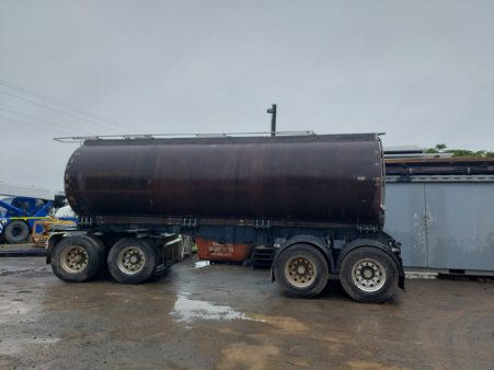 Completed tanker barrel mounted on a road trailer
